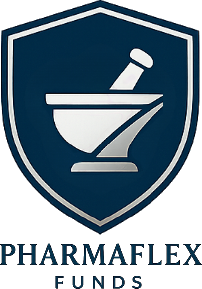 A blue shield logo with a mortar and pestle above the text "PHARMAFLEX FUNDS.