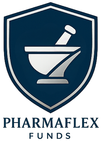 A shield logo with a mortar and pestle above the words "PHARMAFLEX FUNDS" in capital letters.